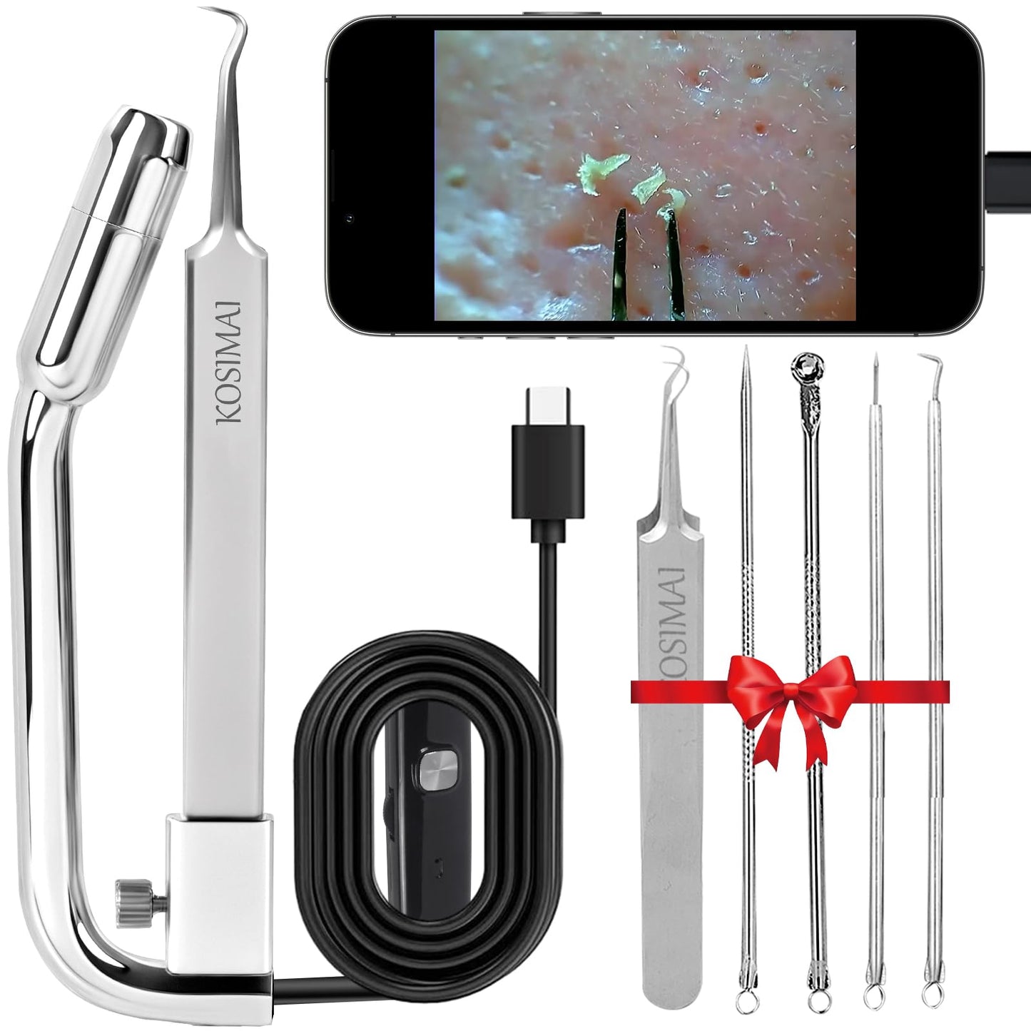 Kosimai Black Head Remover for Face Tool Professional Pimple Popper HD Camera,30 Times Magnification 1080P, (Silver)