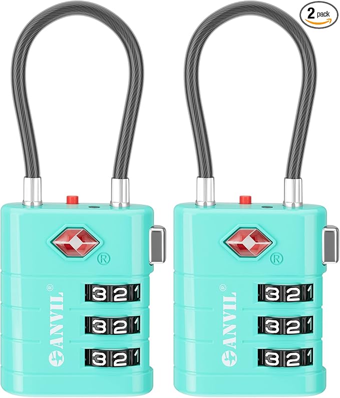 ANVIL TSA Approved Luggage Locks – High Security TSA008 Combination Travel Locks with Inspection Indicator for Suitcases and Backpacks. (2, Cyan)