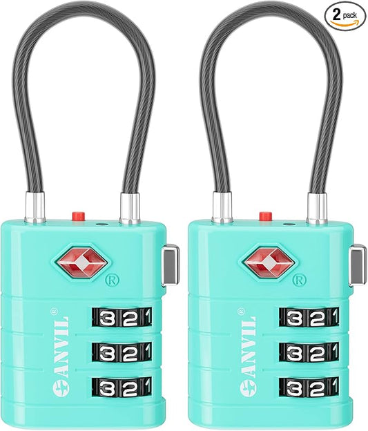 ANVIL TSA Approved Luggage Locks – High Security TSA008 Combination Travel Locks with Inspection Indicator for Suitcases and Backpacks. (2, Cyan)