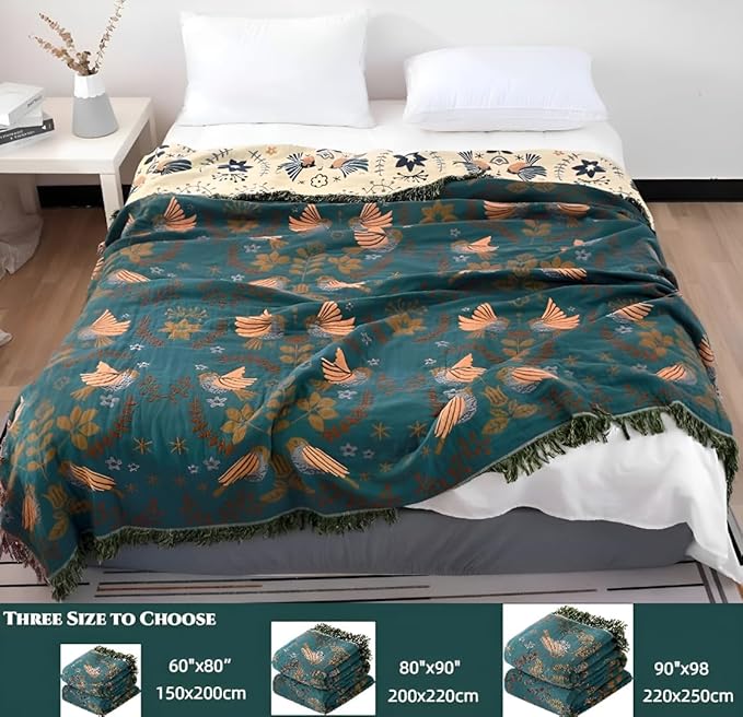 Boho Throw Blankets 100% Cotton Fall Throw Blanket for Bed Couch 90"x98", Reversible and Soft Mexican Blankets Lightweight Muslin Blankets Farmhouse Warm Throws Gifts for Women Mom
