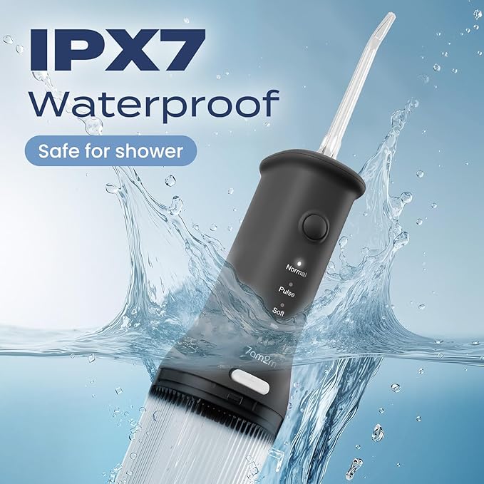 7AM2M Portable Water Flosser Cordless, Water Flosser with 3 Modes and 2 Jet Tips, USB C Rechargeable, IPX7 Waterproof, Dental Water Flosser for Travel and Home Use (Black)