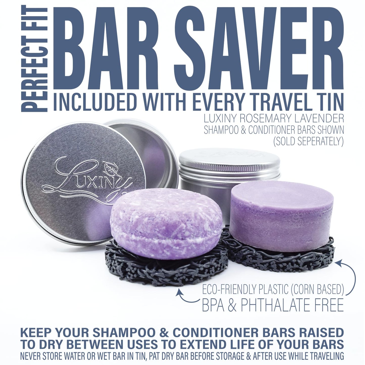 Luxiny Shampoo Bar Holder Tins & Travel Soap Case, with Soap Saver Pad Lift, Helps Bars Last Longer (2 Portable Rust Resistant Containers, 2 Grey Lifts)