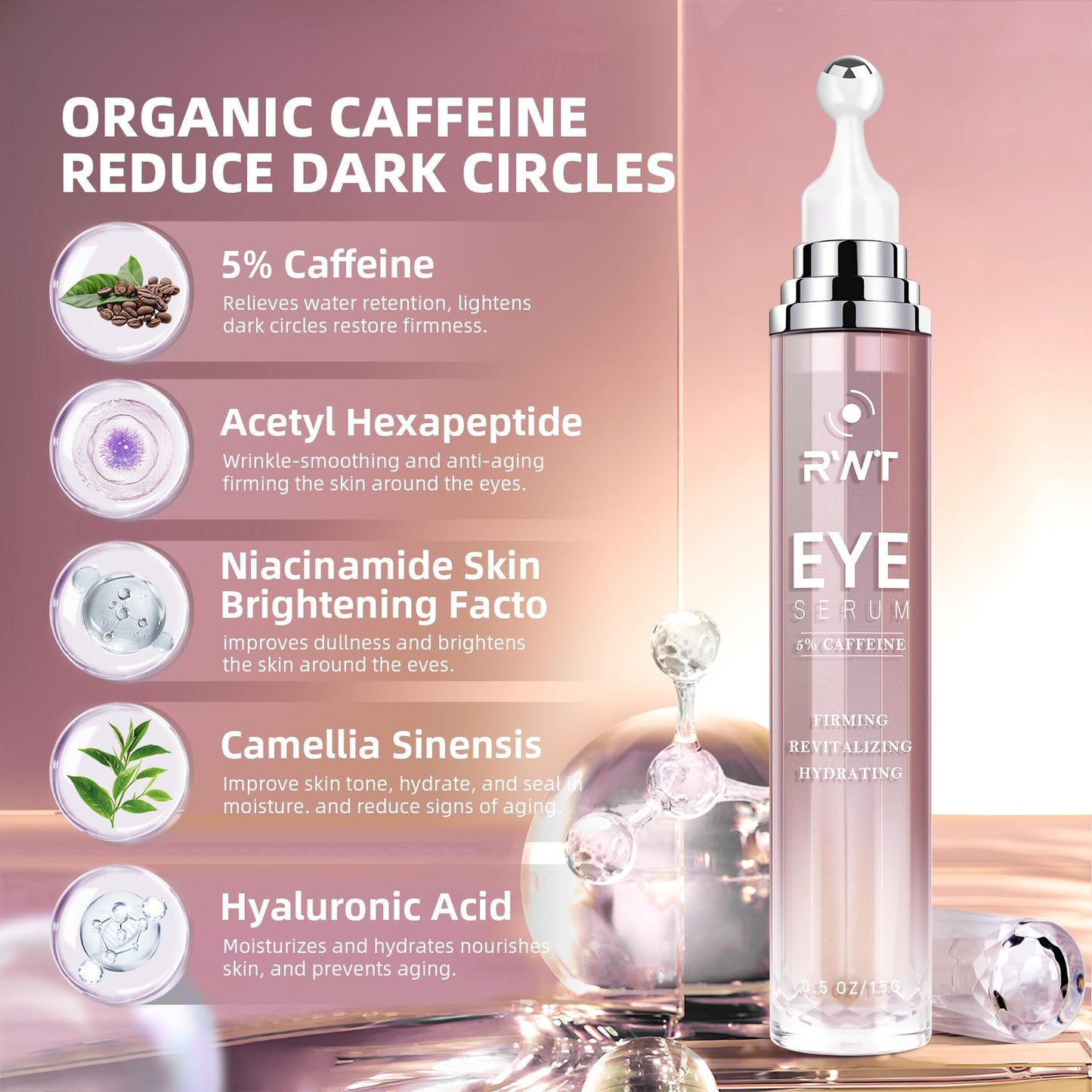 RWT 5% Caffeine Eye Serum & Under Eye Roller Cream for Dark Circles and Puffiness Eye Care Eye Roller Serum with 360° Massage Ball Eye Treatment Serum for Women