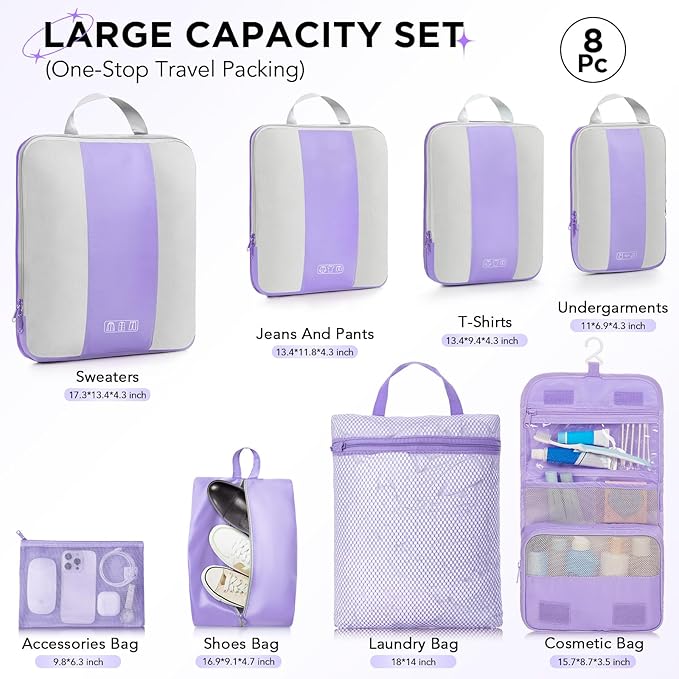 8 Set Compression Packing Cubes for Travel Essentials,Compressible Expandable Packing Cubes for Suitcase,OlarHike Luggage Organizer Bags for Travel,Handy Helper for Organizing Clothes(Light Purple)