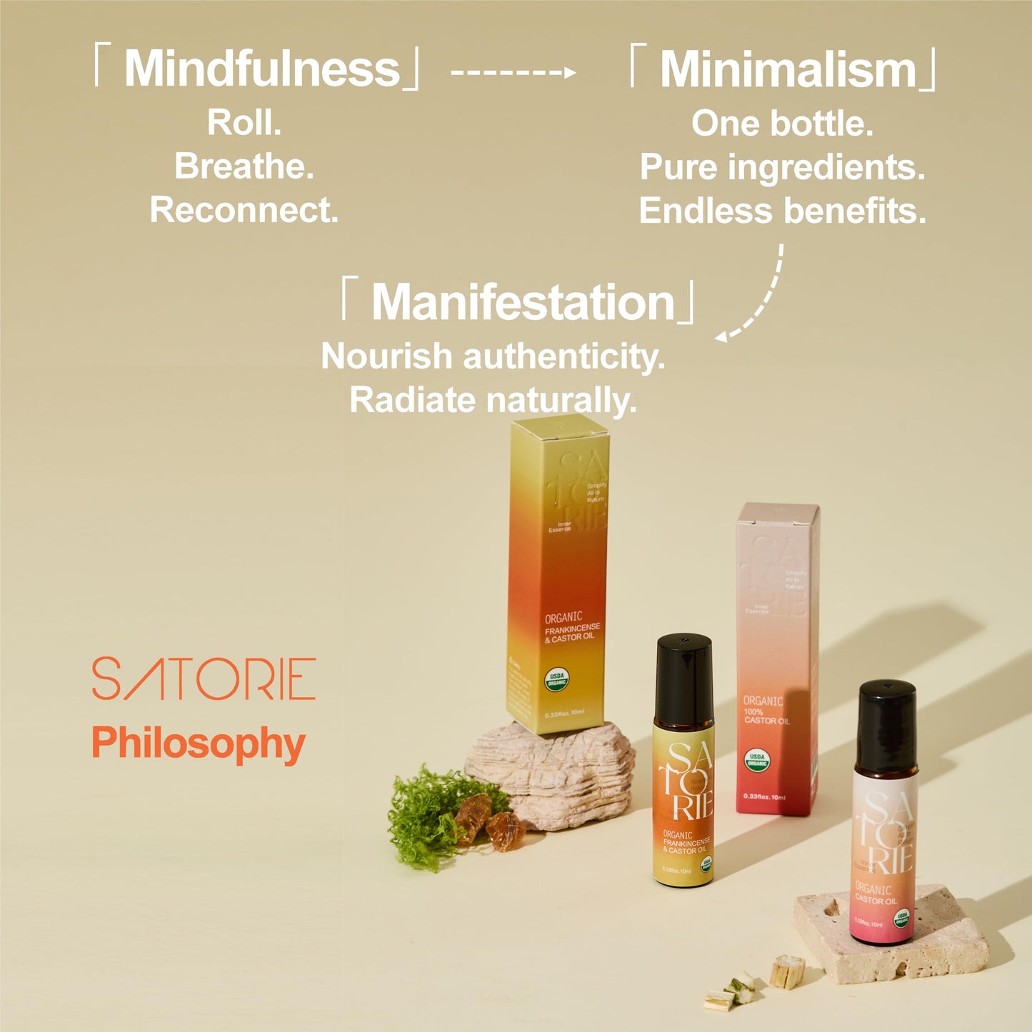 SATORIE Organic Castor Oil with Rose Quartz Rollerball - USDA Certified 100% Castor Oil Roll-on for Face, Under Eyes, Brows & Lashes; Deep Moisture, Soothing, Promotes Hair Growth