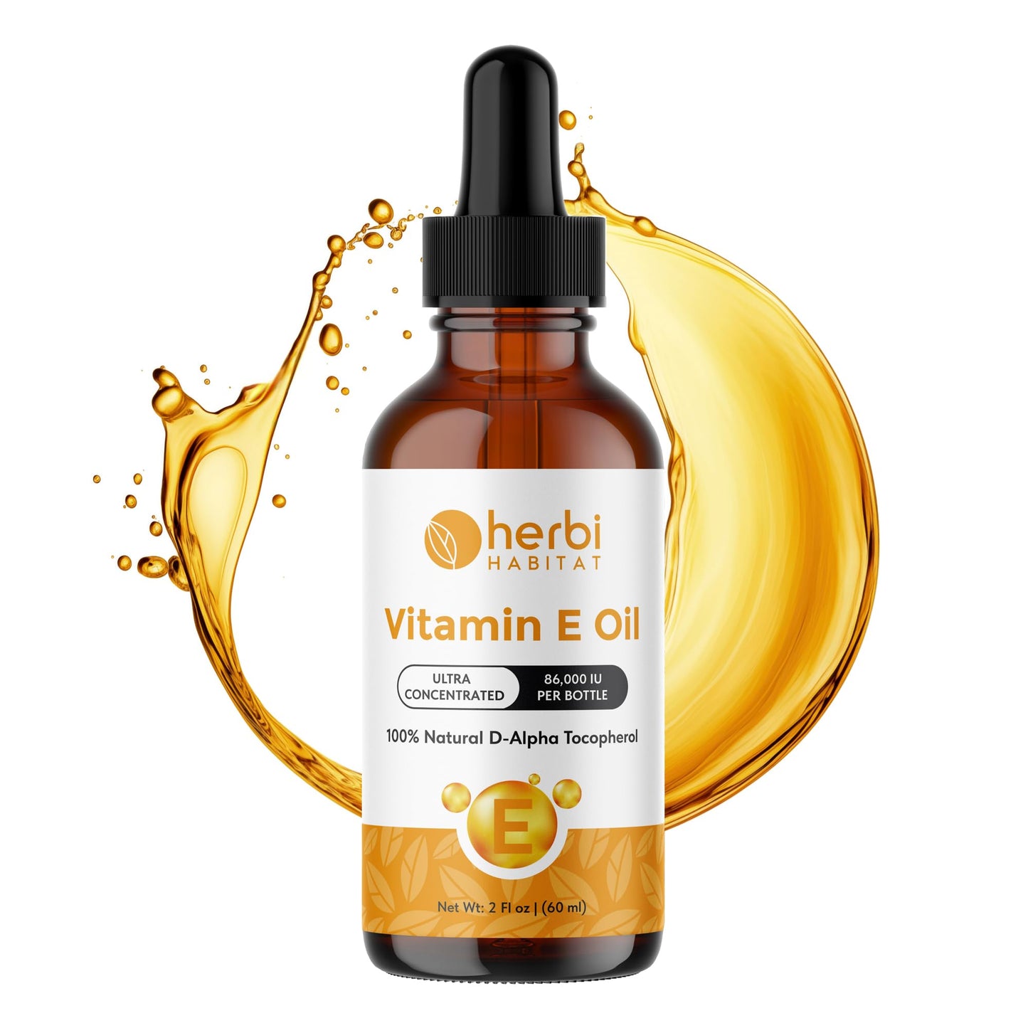 Herbi Habitat Vitamin E Oil 86,000 IU - Natural D-Alpha Tocopherol for Skin, Hair, Nails, Scars & Stretch Marks - Non-GMO & Vegan, 2 Fl oz