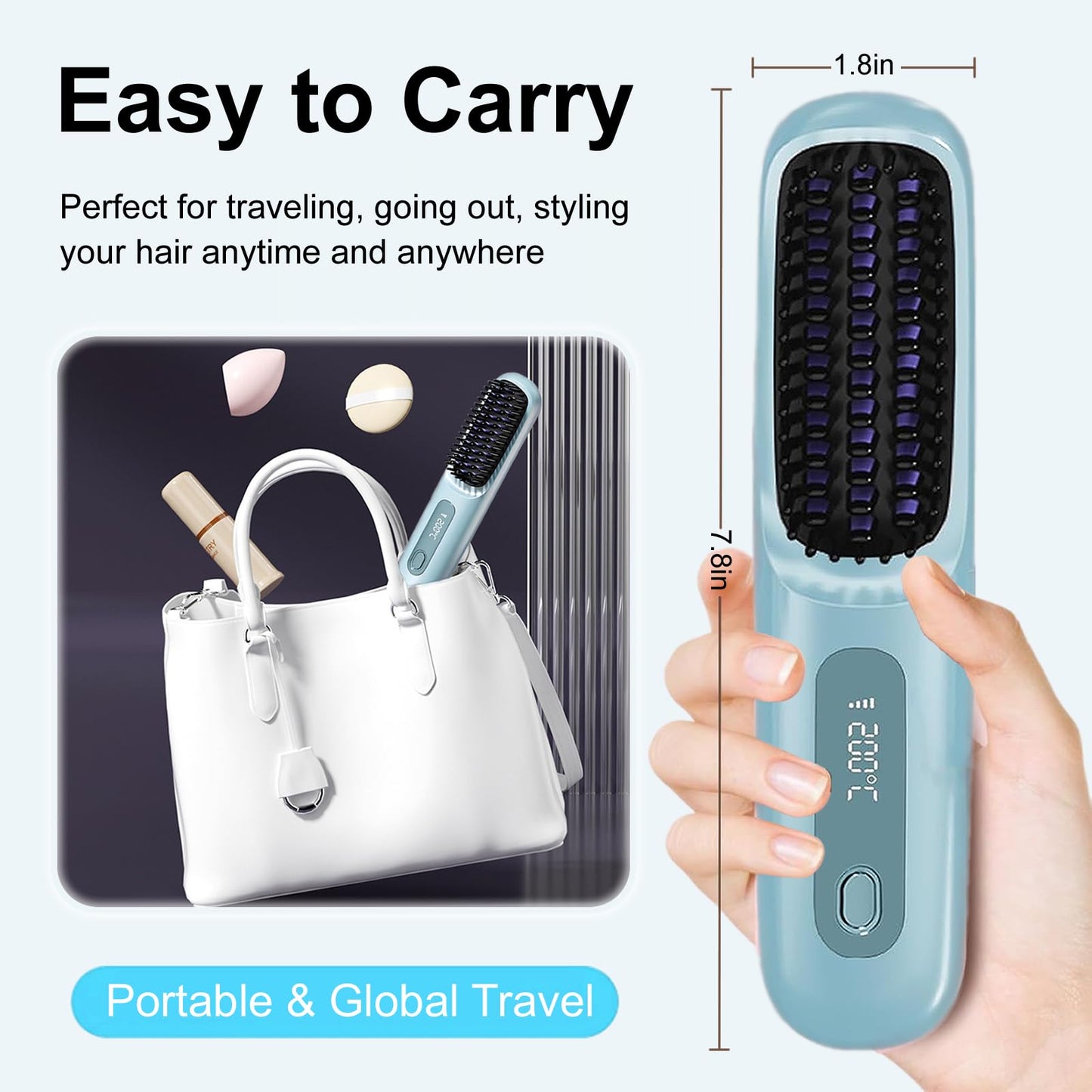 Go Brush Pro 2025 New Cordless Hair Straightener Brush - 199 Million Negative Ions, Compact & Travel-Friendly with LED Display, 4000mAh Rechargeable, Anti-Scald Mini Hot Comb for Women (Blue)