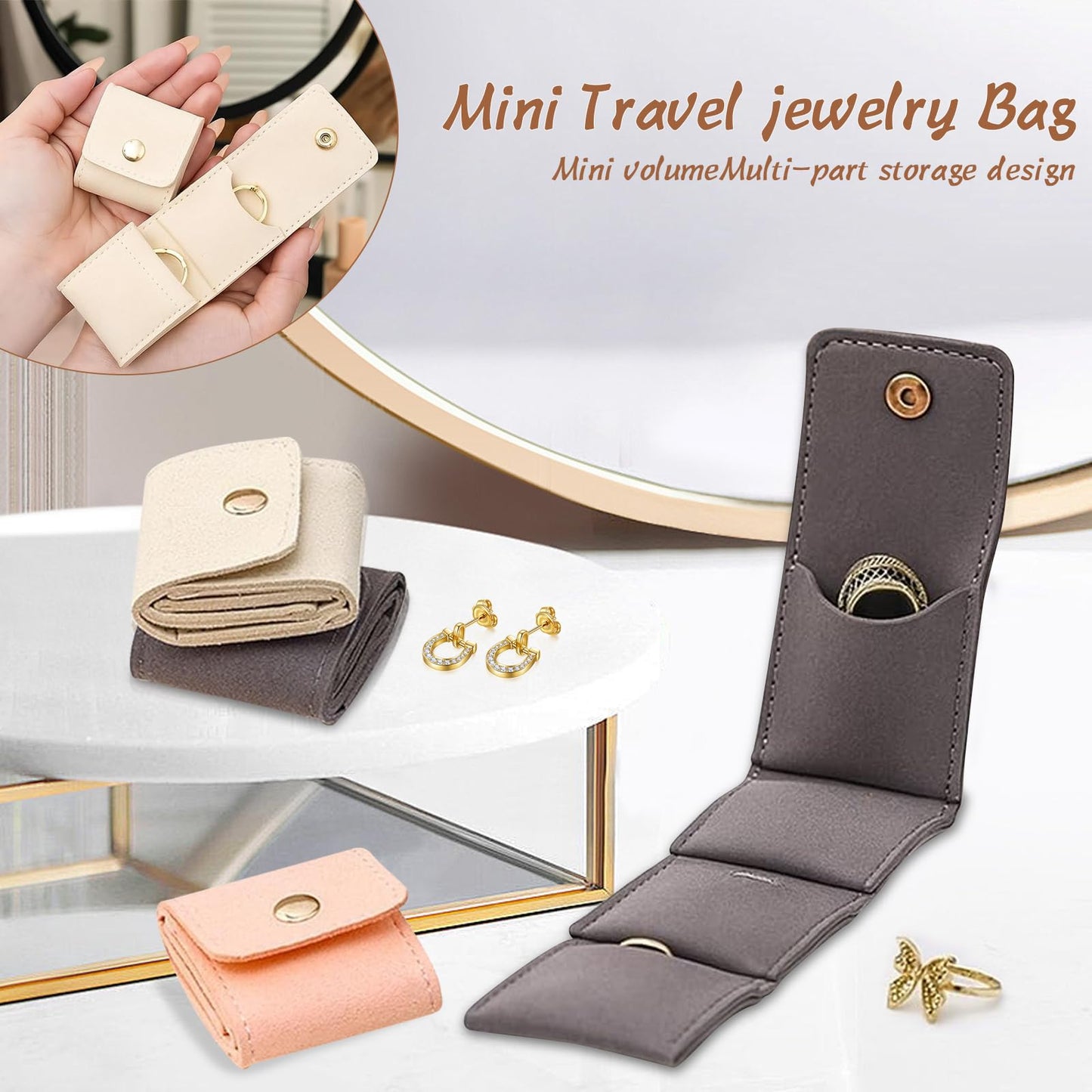 3Pcs Mini Travel Jewelry Bag Travel Jewelry Roll Bag with Buckle Portable Foldable Travel Jewelry Organizer Case, Small Jewelry Box for Necklaces, Rings, Earrings