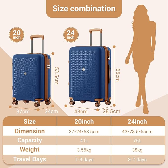 Kono 20 Inch Expandable Hard-Shell Suitcase, Ideal For Short Trips, Durable PP Material, With Hidden Cup Holder & TSA Lock, Navy/Brown