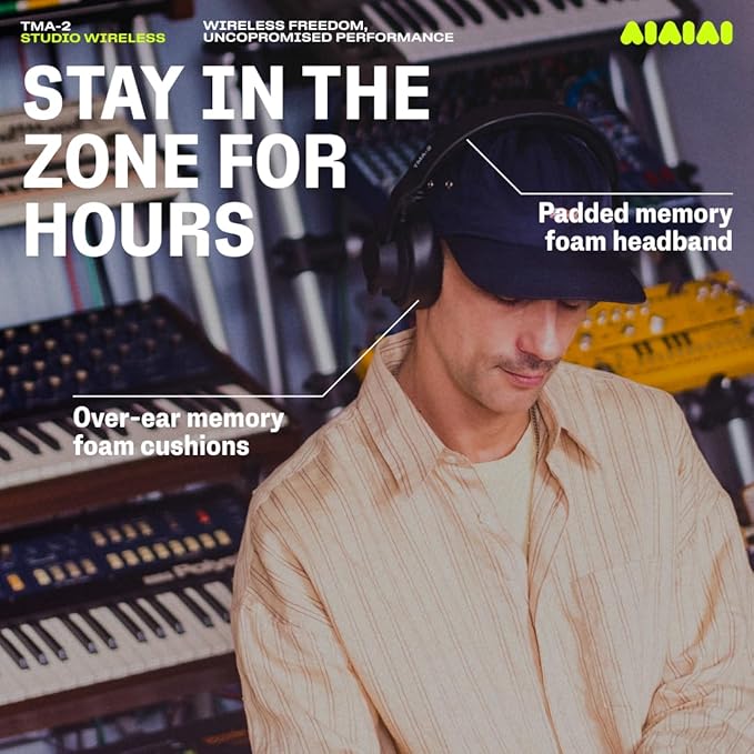 Aiaiai TMA-2 Professional Studio Wireless Headphones, Ultra Low Latency W+ Link, Modular with 40mm Bio-Cellulose Drivers, 20–40H Battery, Memory Foam Ear Pads, and Bluetooth