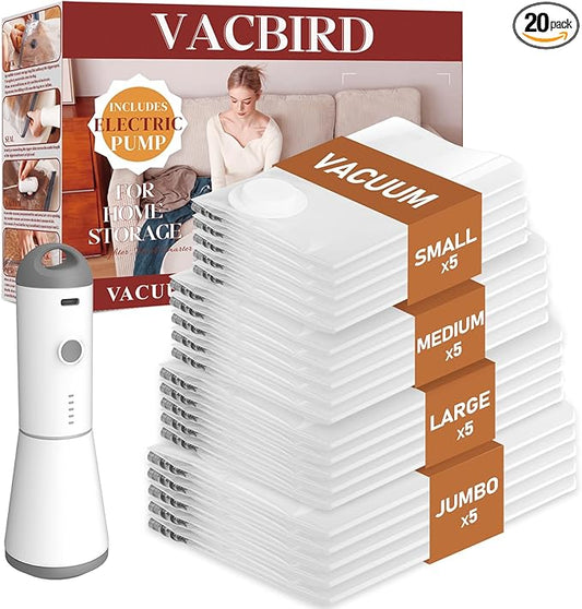 Vacuum Seal Bags for Clothing, 20 Pack Vacuum Storage Bags with Wireless Charging Air Pump(5J+5L+5M+5S), Space Saver Bags for Clothes Blanket Duvets Pillows Comforters Travel