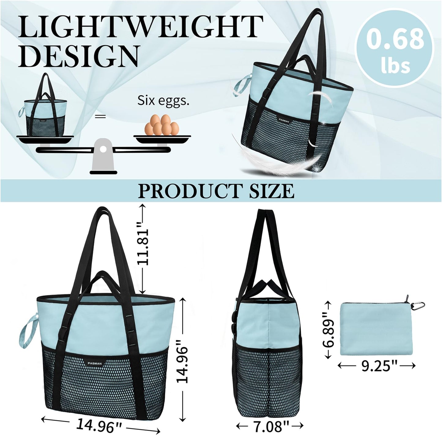 PASMAN Beach Bag with Zipper - 8 Pockets Sandproof Beach Tote Bag for Women,Foldable Lightweight Family Swim Bag Vacation (Light Blue)