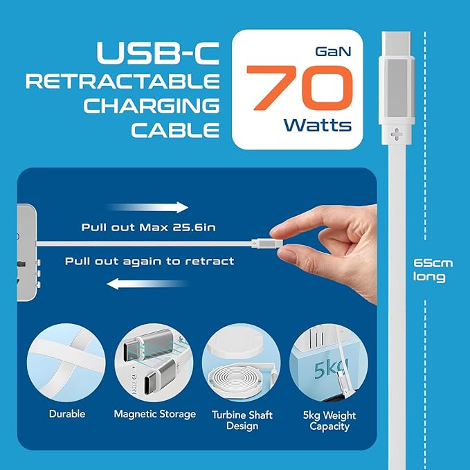 Ceptics GAN 70W Universal Travel Adapter with 65cm Retractable USB-C Cable, 2X USB-A (1x QC 3.0), 1x Type C Port (PD 70W), Universal Power Adapter with Type A, C, G, I Output