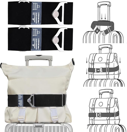 2-in-1 Travel Belt for Luggage Over Handle, Luggage Belt for Carry on Bag, Suitcase Straps, Add a Bag Bungees Luggage Straps Adjustable with Alloy Buckle,Hands-Free for Airport (Black, 2 Pack)