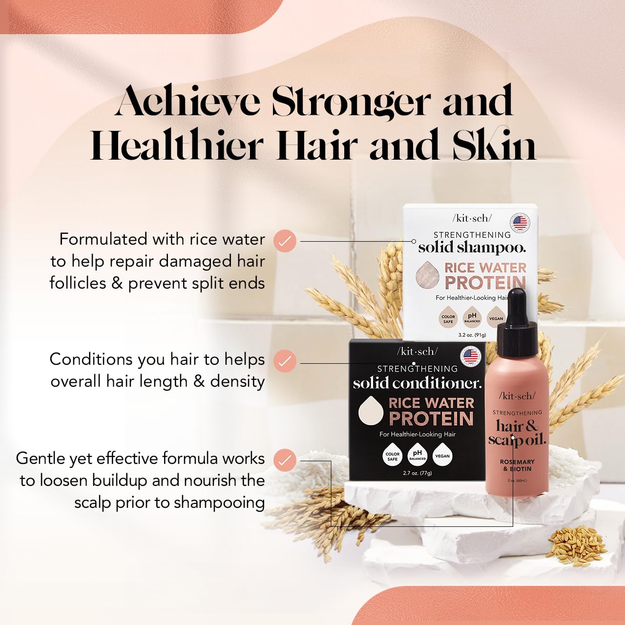 Kitsch Rice Water Shampoo and Conditioner Set + Pre-Wash Scalp Serum with Rosemary and Biotin – Shampoo and Conditioner Bar for Hair Growth & Scalp Nourishment – Hair Care Bundle – 3pc Set