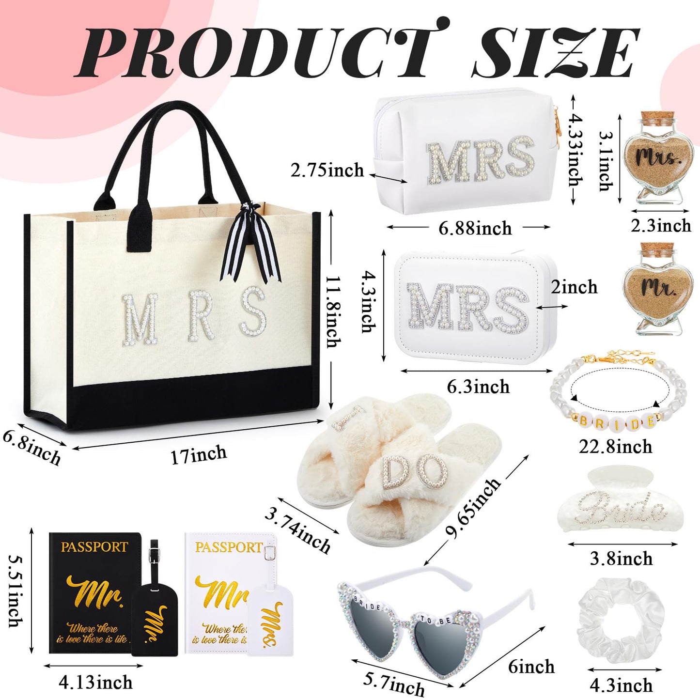 Dansydaisy 14 Pcs Bridal Shower Gifts Set Including Mrs Mr Travel Passport Tag Tote Cosmetic Bag Jewelry Box Claw Hair Clip Hair Tie Heart Sunglasses for Honeymoon Wedding Supplies(Women 7-8)
