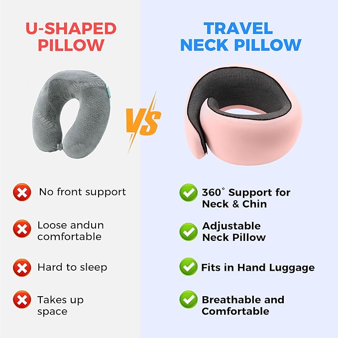 Travel Pillow,Travel Neck Pillows for Airplanes,Comfortable Breathable Cover,Memory Foam 360 Degree Support Stowable Pillows,Ideal Accessory for Sleeping Offices and Cars (Pink)