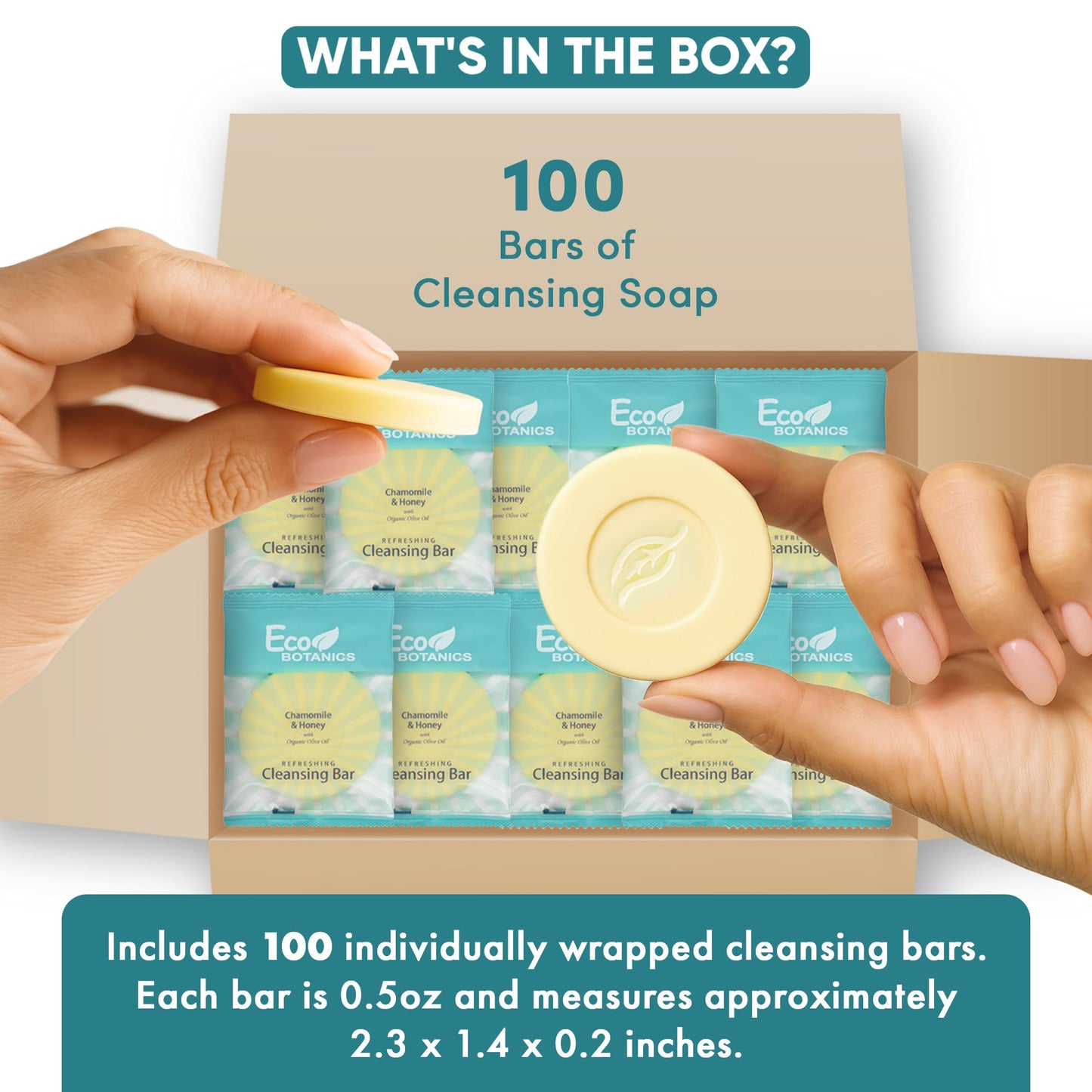 Eco Botanics Travel-Size Cleansing Bars | Individually Wrapped Single‑Use Hospitality & Hotel Amenities 0.5 oz | Case of 100 Thin Mini Soap Bars