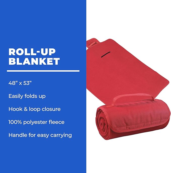 25 Ct of Roll-Up Blankets for Camping, Travel, Outdoors, Beach, Picnics – Red – Hook + Loop Closure for Easy Use in Cars & on Airplanes – Customizable for Promotions & Events