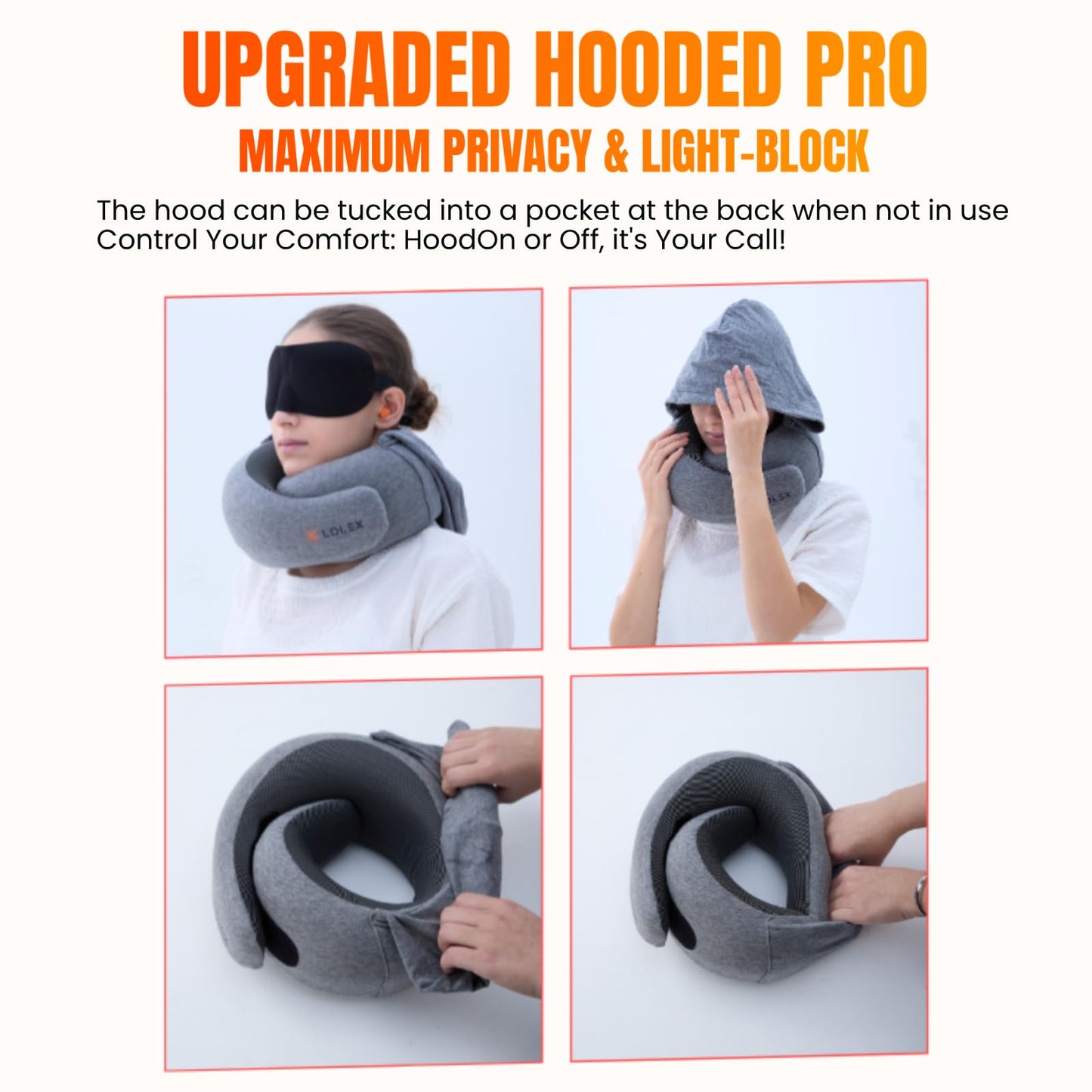LOLEX™ Hooded Pro Travel Pillow - Memory Foam Neck Support Pillow for Airplane, Flight - Super-Soft Pure Cotton Fabric, Maximum Privacy & Light-Block Design, Lightweight Full Travel Kit - Dark Grey
