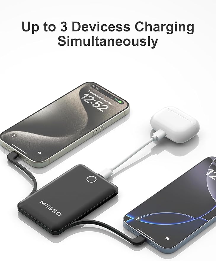 10000mAh Compatible with iPhone 15/16/17 (Only) Slim Portable Charger with Built in Cable, Power Bank Travel Charger External Battery Pack for Phone, 3 Output USB Type C Cord Clutch Charger, Black