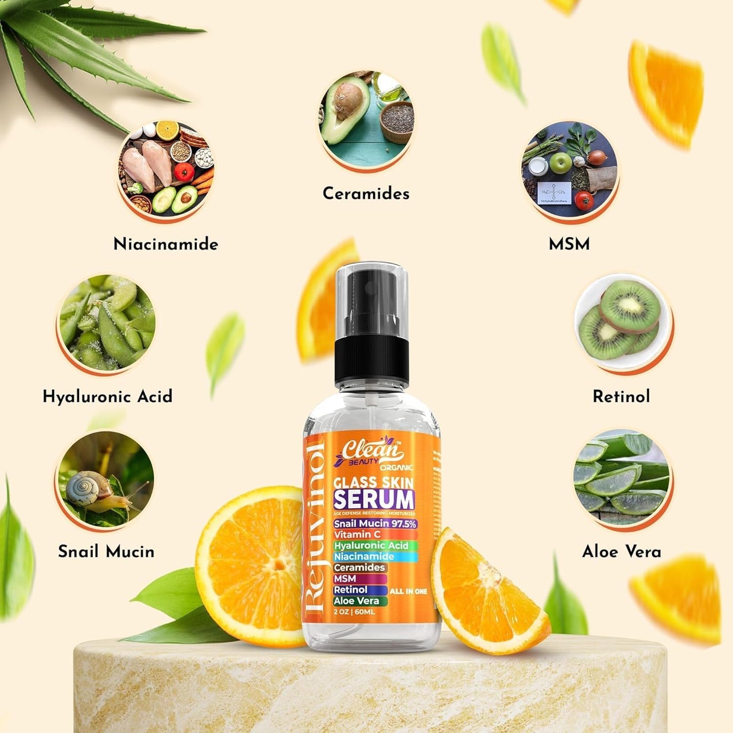 Clean Beauty Snail Mucin Serum Vitamin C Face Serum Anti Aging with Hyaluronic Acid Niacinamide Retinol MSM Aloe Vera & Ceramides - Korean Skin Care Dark Spot Remover for Glowing Skin - Pack of 2