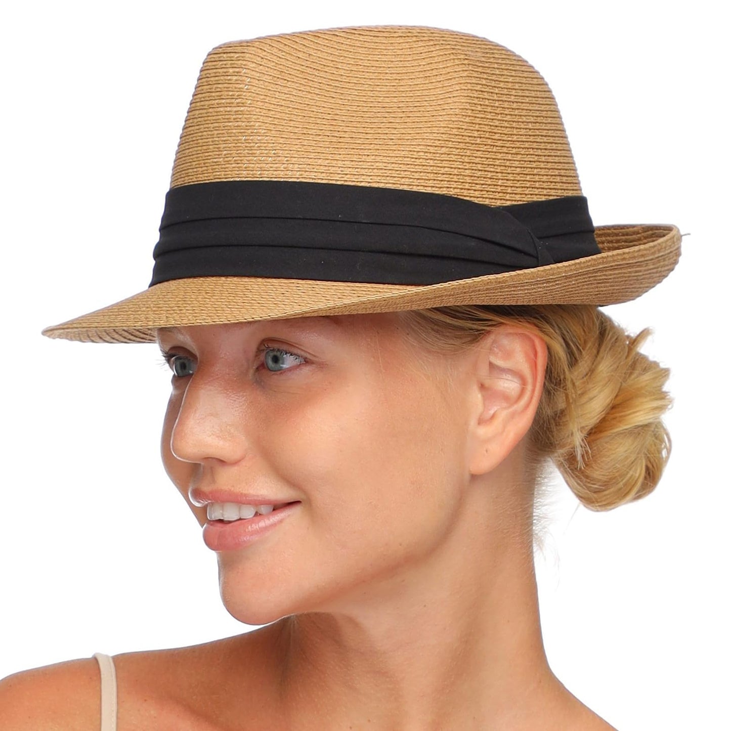 FURTALK Fedora Straw Sun Hat for Men Women Short Brim Panama Beach Hat UPF 80+ Khaki