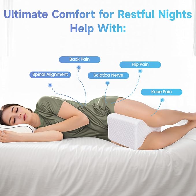 CloudBliss Knee Pillow for Side Sleepers - Cooling Leg Pillow for Side Sleeping, Memory Foam Knee Pillow for Hip Pain, Lower Back Pain, Sciatica Pain, Knee Wedge Pillow with Contour Design, White
