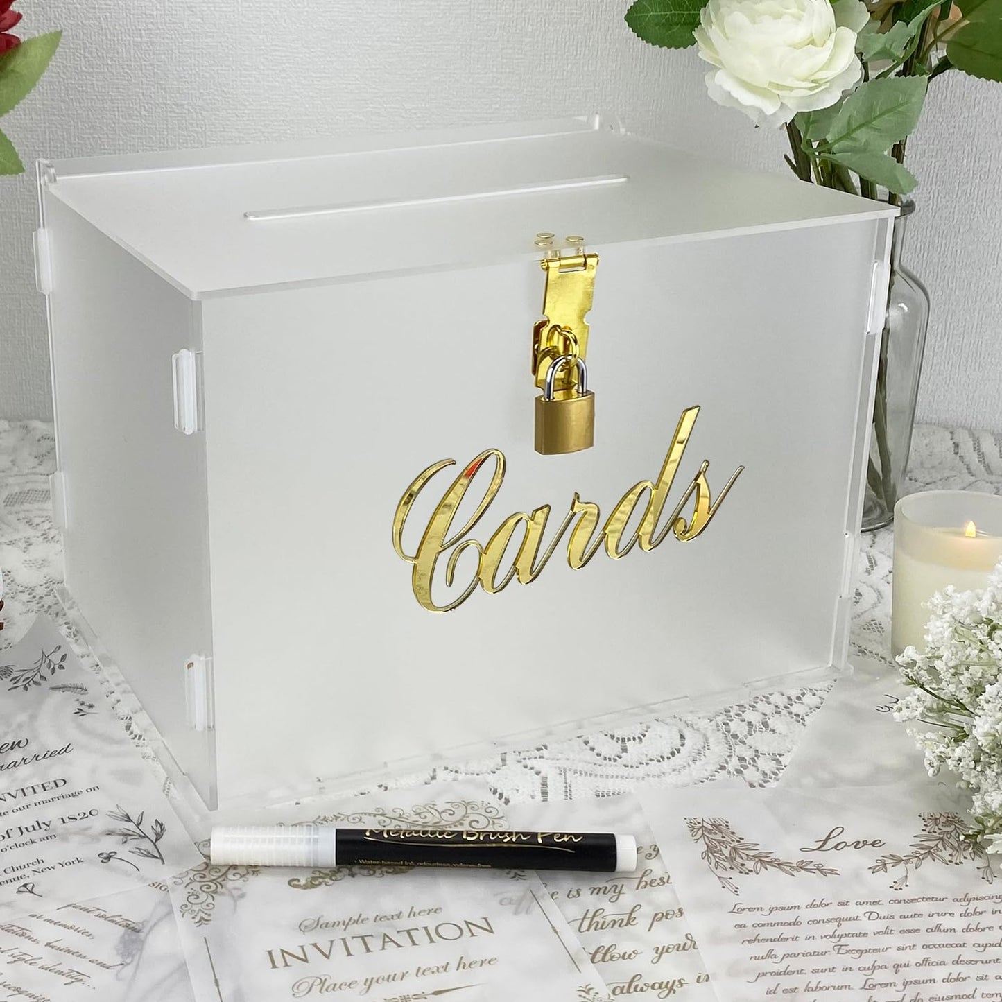 FCDECOR 11" Frosted Wedding Card Box with Lock, Acrylic Gift Card Box for Wedding Decorations for Reception, Honeymoon Fund Money Box for Bridal Shower Decorations Party Reception Anniversary