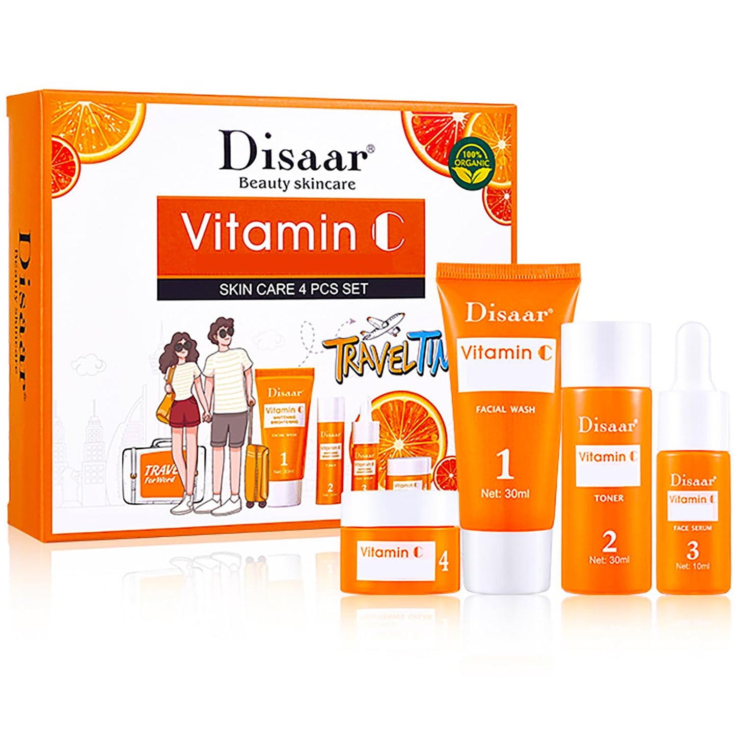 DISAAR BEAUTY Vitamin C Organic Orange Extract Skin Care Set Facial Wash Toner Serum Face Cream Moisturizing Reduce Wrinkles Hydrate 30ml+30ml+10ml+15g 4PCS