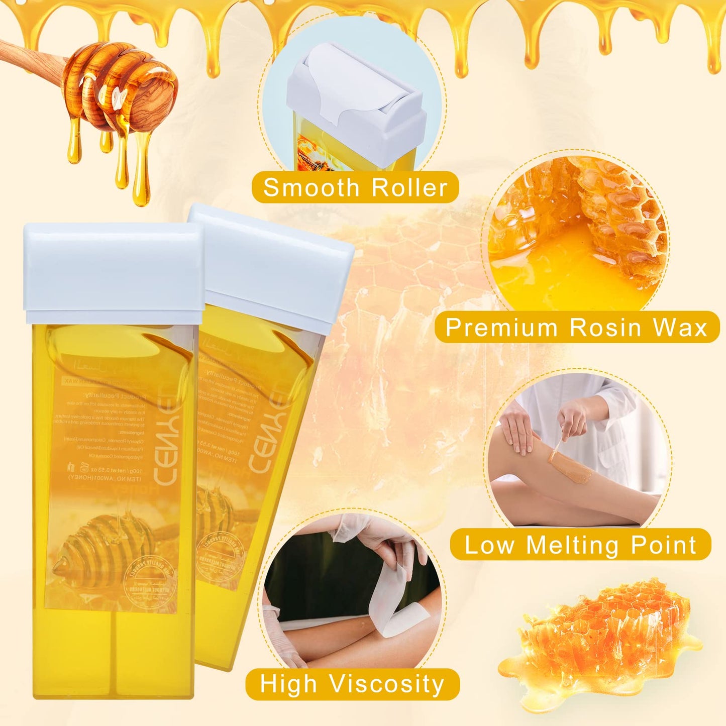 3 IN 1 Roll On Wax Kit, Waxing Kit for Hair Removal, Triple Roll-On Wax Warmer with 3 Honey Wax Cartridge Wax Roller Refill for Legs Arms and Underarm, Upgrade Heating System-Just 13 Mins Fast