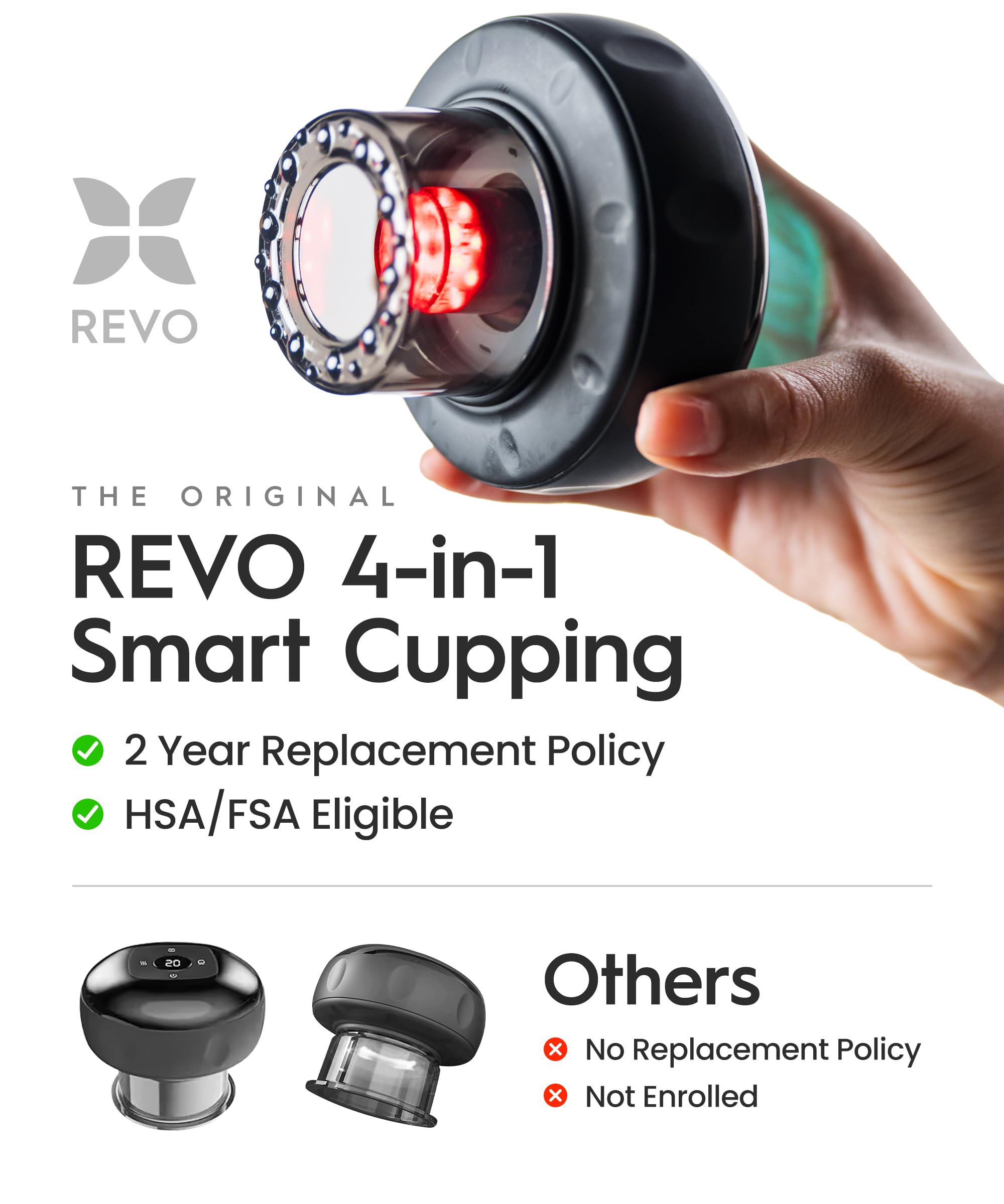 REVO The Original 4-in-1 Smart Cupping Therapy Massager, Red Light Therapy for Targeted Pain Relief, Knots, Aches, Muscle Soreness, Circulation & Tighter Skin, Portable Cupping Kit