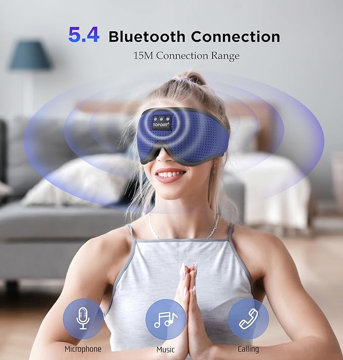 Sleep Mask with Headphones Bluetooth 5.4, TOPOINT 3D Eye Mask Blackout Breath Silk for Side Sleepers Women Men, Sleep Headphones Earphones HD Speaker Microphone for Travel Meditation Gift, CPAP Users