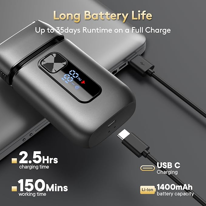 Brightup Foil Shaver, Mens Electric Razor, Shavers for Men with Trimmer, Cordless USB-C Rechargeable Waterproof Double Floating Blades for Close Shaving Face, 2 Speed, LED Display&Travel Pouch, Gray