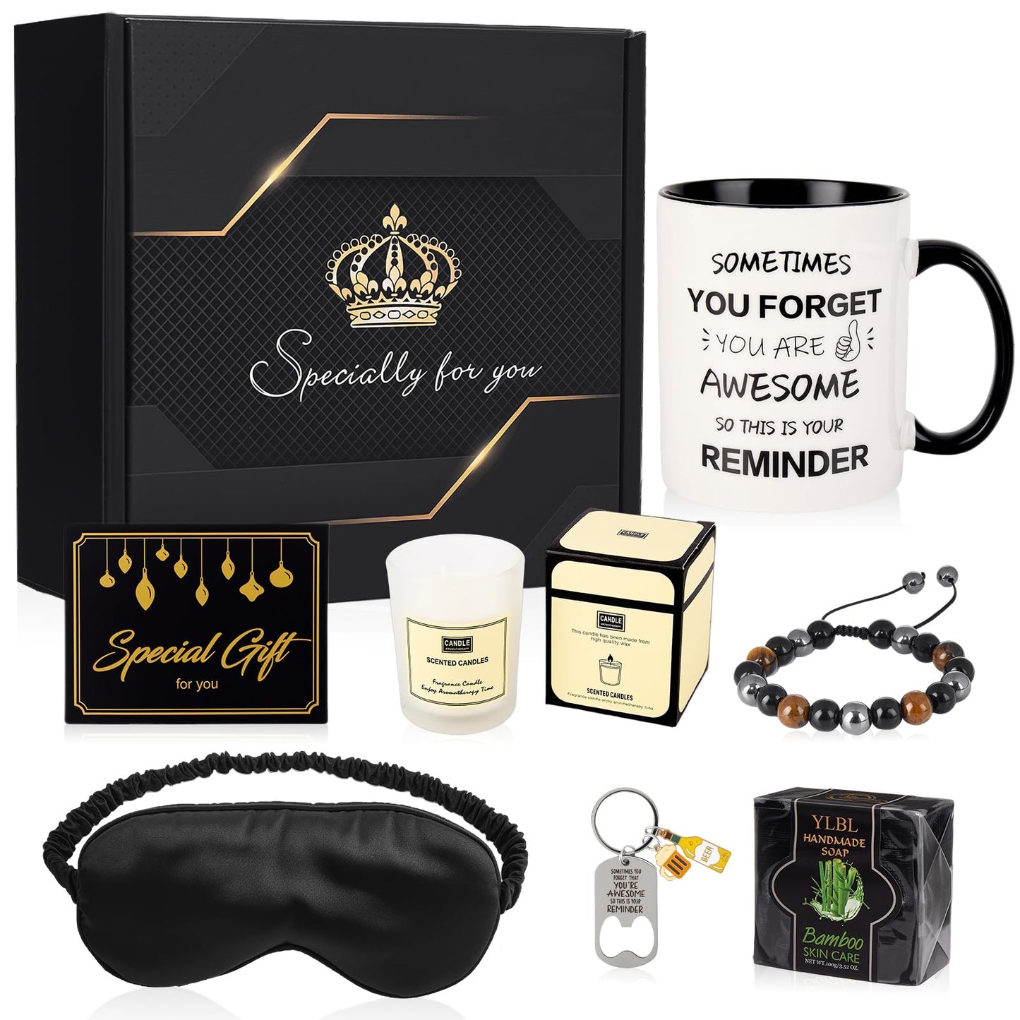 Birthday Gifts for Men,Man Premium Gifts Basket Ideas Set Men's Birthday Gift Box Thank You Gift with Ceramic Mug, Bracelet, Eye mask,Candle for Dad,Son,Boyfriend,Coworker Male Retirement Gifts