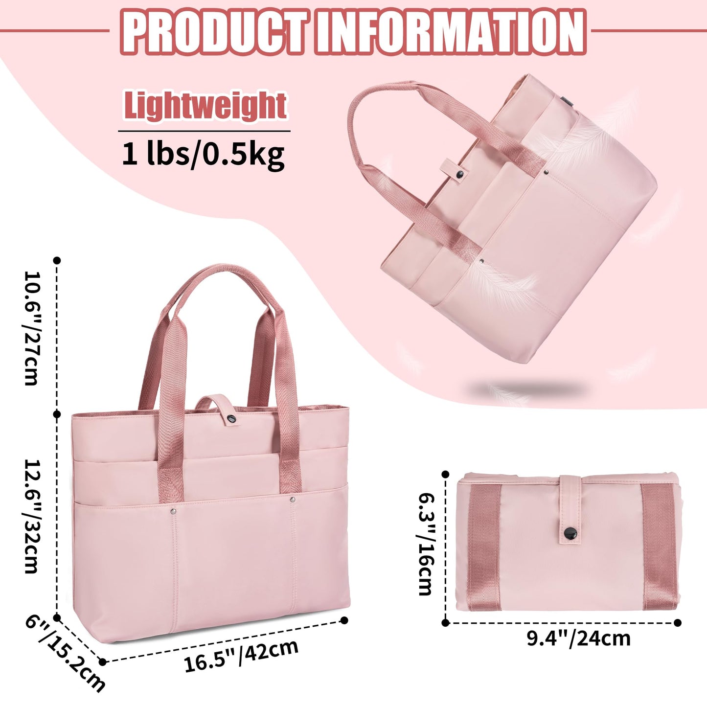 Large Tote Bag for Women with Multiple Pockets, Water Resistant Foldable Tote Bag Utility Tote, Lightweight Shoulder Bag Handbag for Travel, Work, Pink