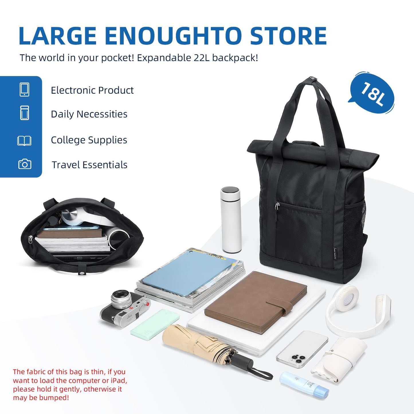 GOLF QUALITY Foldable Convertible Tote Backpack Lightweight Versatile Nylon Daypack for Women Men Work Leisure Travel,Black