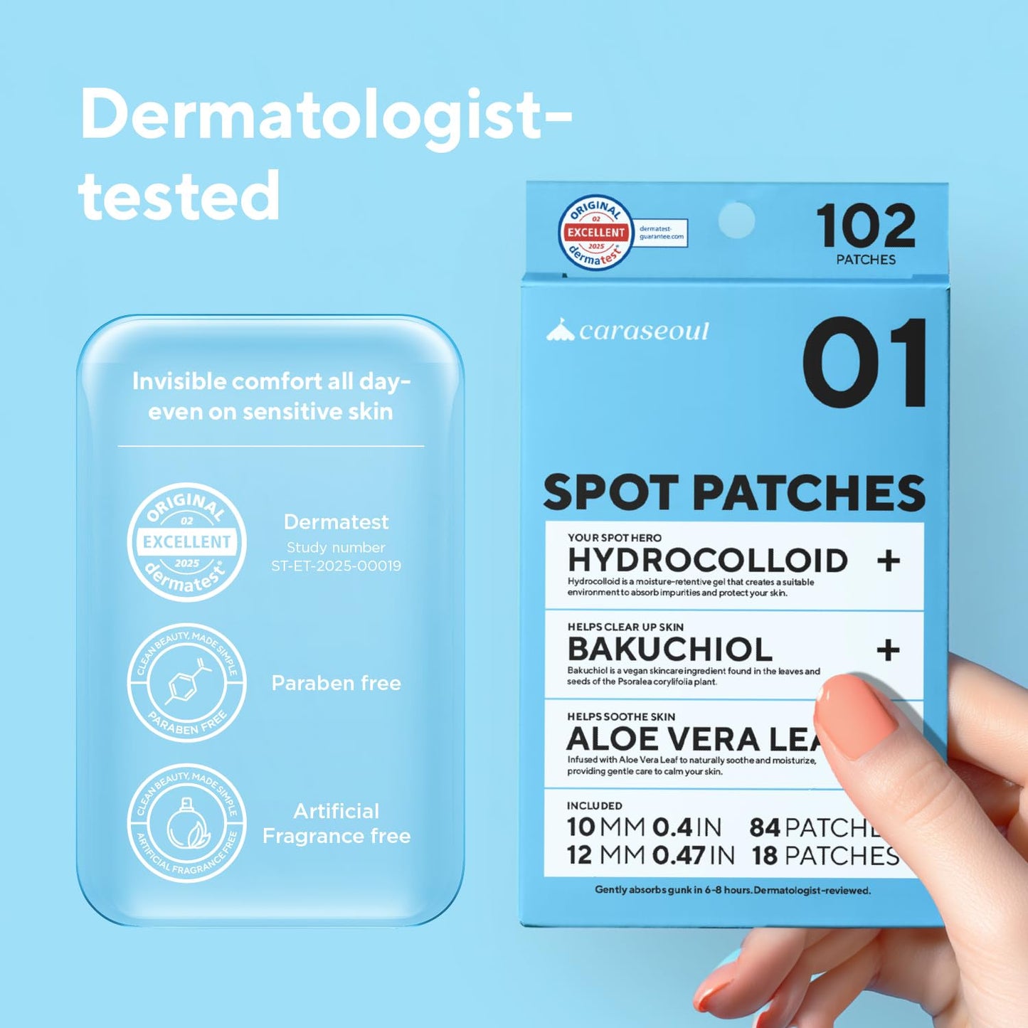 caraseoul Pimple Patches, 2 Size Hydrocolloid Acne Patch for Zits and Blemishes, Bakuchiol & Aloe Vera, Korean Skin Care, Easy to Use – Dermatology Tested