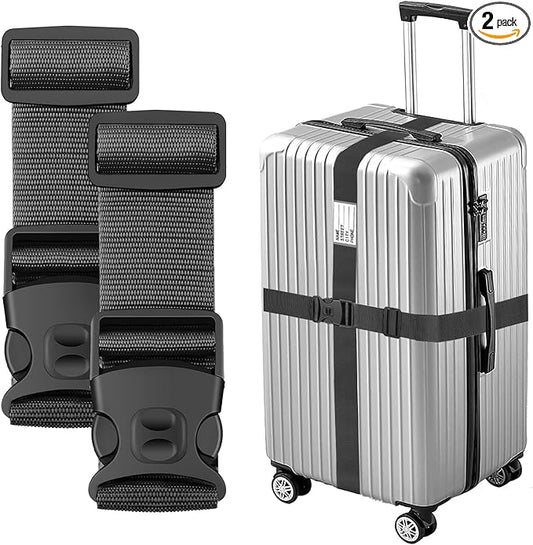 BILIONE Luggage Straps 88 inch Adjustable Suitcase Belt, Lockable Against Accidental Opening, Easy to Identify Travel Accessories, Add a Bag Connector(Versatile Black, 2)