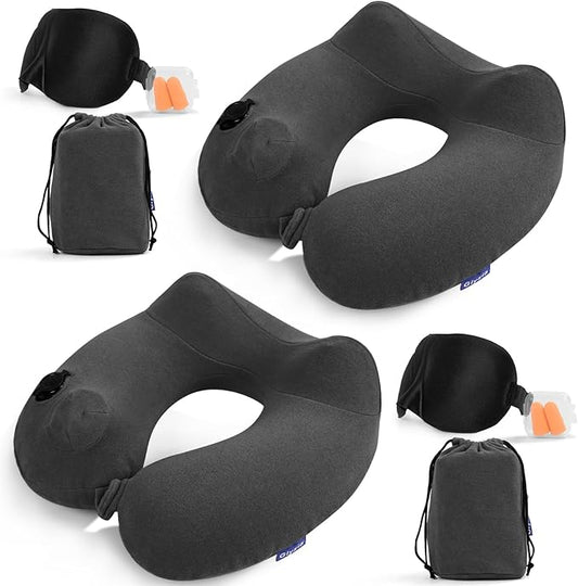 2 Pack Inflatable Travel Neck Pillows for Airplanes, Head Support Velvet Adult Neck Pillows for Long Flight, Kit with Eye Mask, Earplugs and Storage Bag, 2, Dark Gray