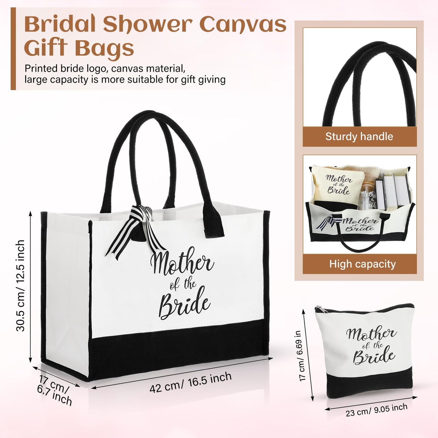 Zubebe 3 Pcs Bride Gifts Set for Bridal Shower Include Glass Cup Canvas Tote Bag Makeup Bag for Honeymoon Gift (Mother of the Bride)