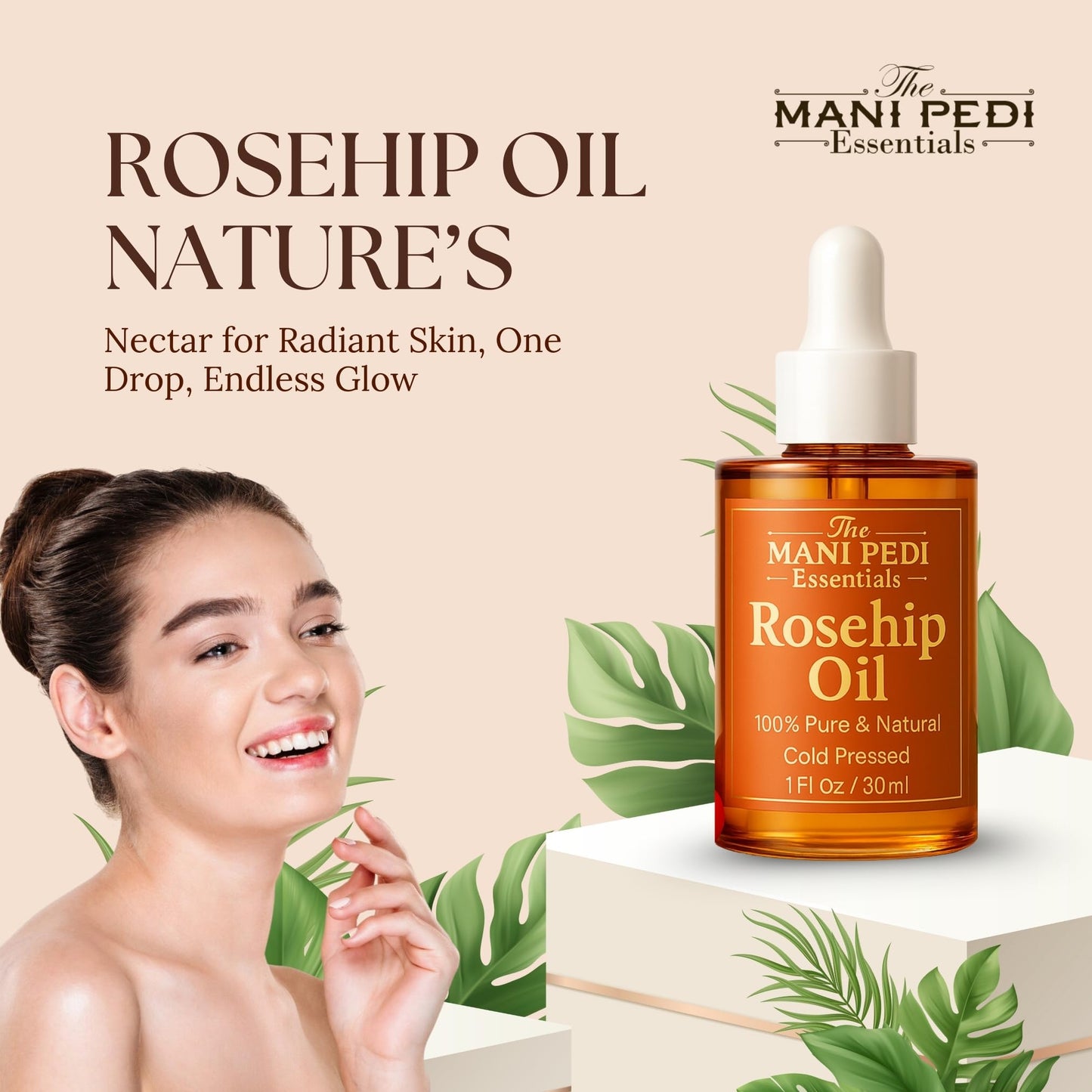 THE MANI PEDI ESSENTIALS Rosehip Oil for Face. 100% Pure, Natural, Cold-Pressed & Organic. Natural wealth of vitamins that help nourish & hydrate your skin - 1 Fl Oz
