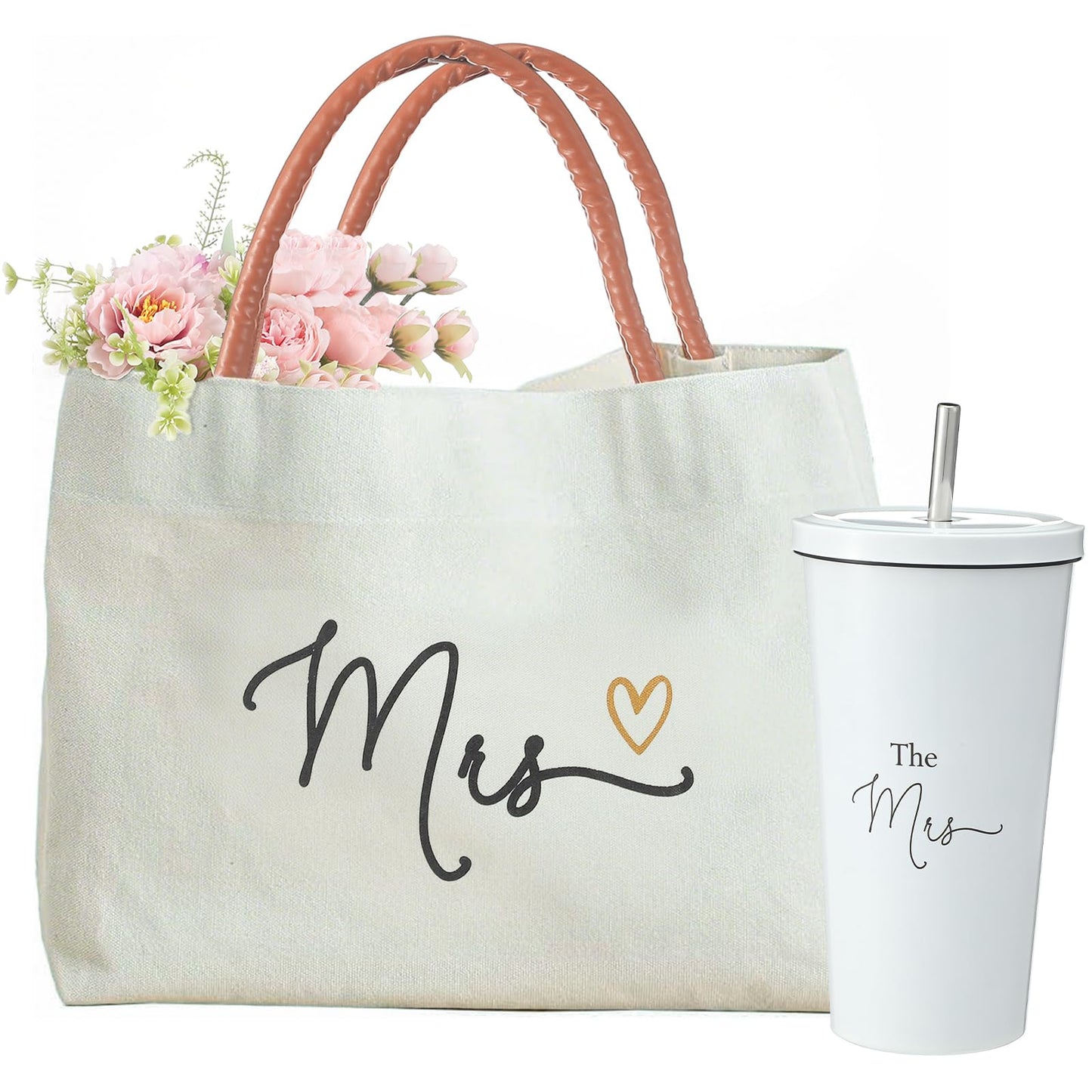 Reallnaive 2 Pcs The Mrs Tumbler & Tote Bag Gift Set, Mrs 2025 Bride Gifts 17 oz Stainless Steel Bridal Tumbler with Lid & Straw, Large Bridal Travel Totes for Women Bride Gifts, Wedding, Engagements
