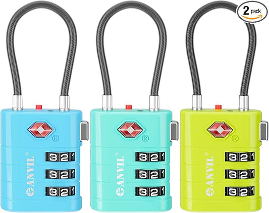 ANVIL TSA Approved Luggage Locks – High Security TSA008 Combination Travel Locks with Inspection Indicator for Suitcases and Backpacks. (3, 3 Colors)