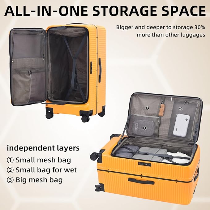29 Inch 40 * 37 * 77cm, 113L, Aluminum Checked Luggage with Side Opening, 360° Universal Wheels, Lightweight Hardshell ABS+PC Suitcase with TSA Lock, Orange