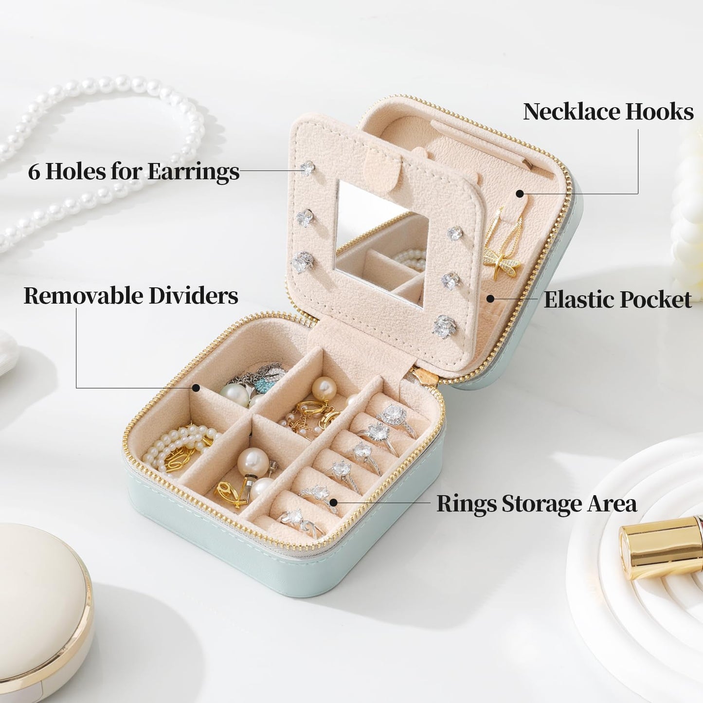 NGVRC Genuine Leather Travel Jewelry Case Organizer with Mirror for Women, Small Jewelry Box Portable Mini Jewelry Case for Earring, Ring, Necklace, Bracelet(Pink)