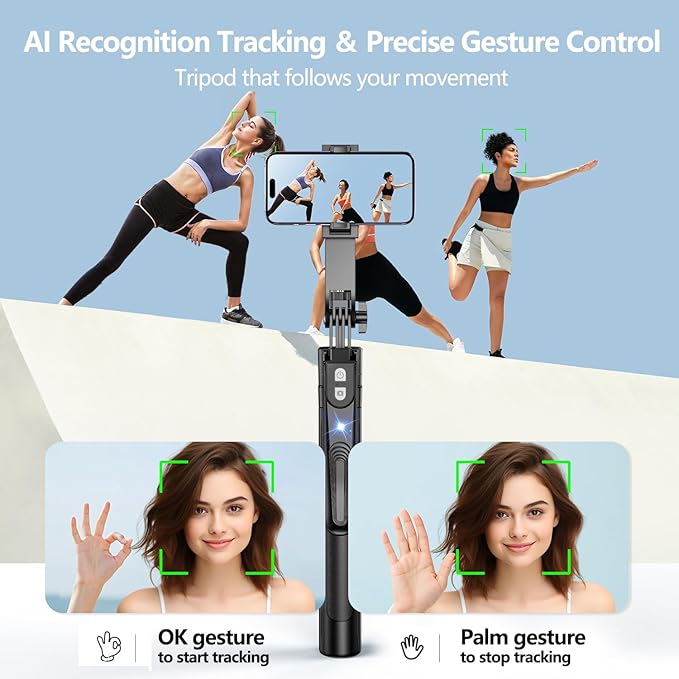 Auto Face Tracking Tripod 360° Rotation with Stand, 70.9" Motion Sensor Phone Tripod Stand, No App, Gesture Control, Smart Face Body Auto Tracking Selfie Stick Tripods for Video Record/Live Streaming