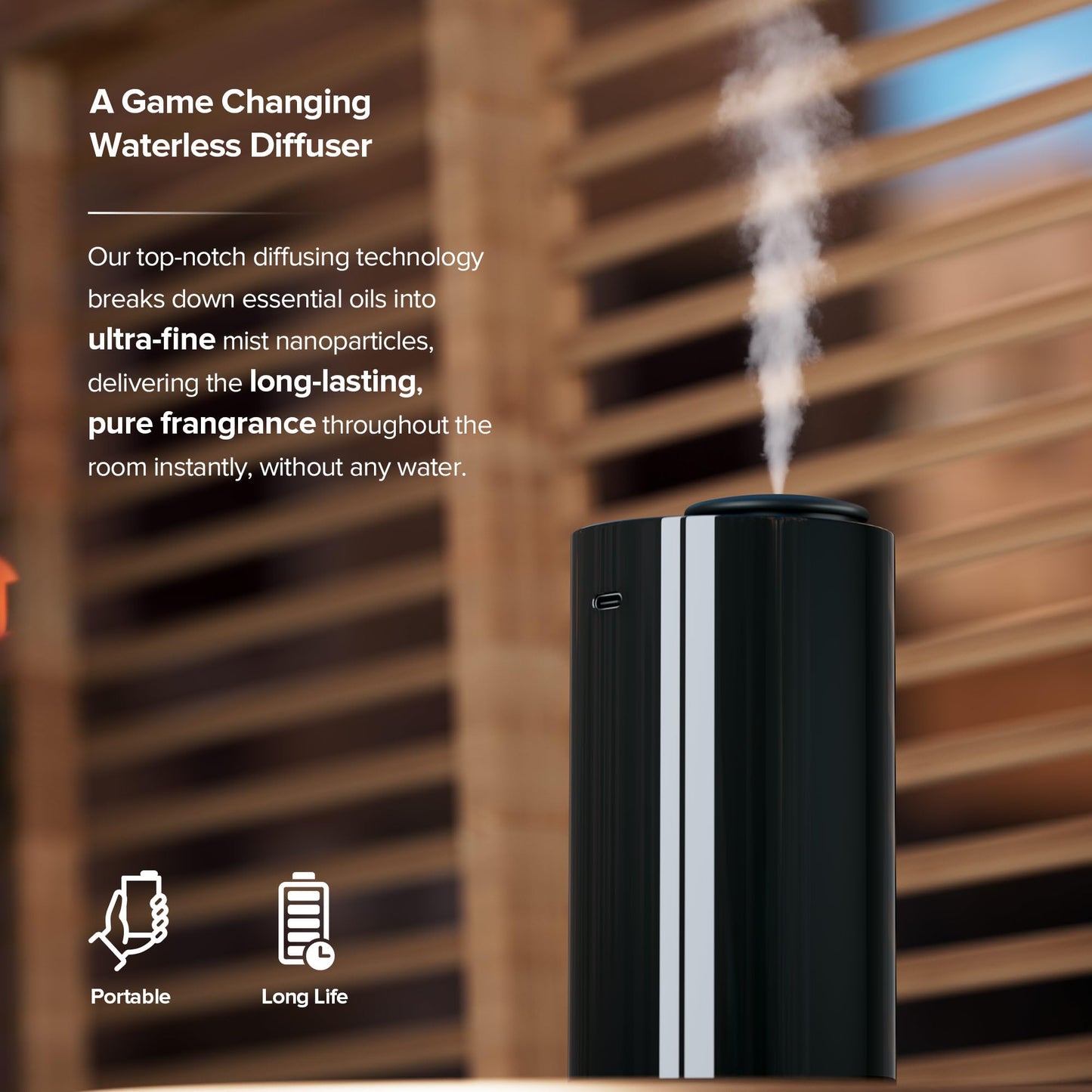 Waterless Essential Oil Diffuser for Home Aromatherapy Car Nebulizing Diffuser Battery Operated 5-20mL Mini Scent Air Machine Up to 600 Sq.Ft. 4 Countdown Timers 3 Mist-Level (AN7 Black)