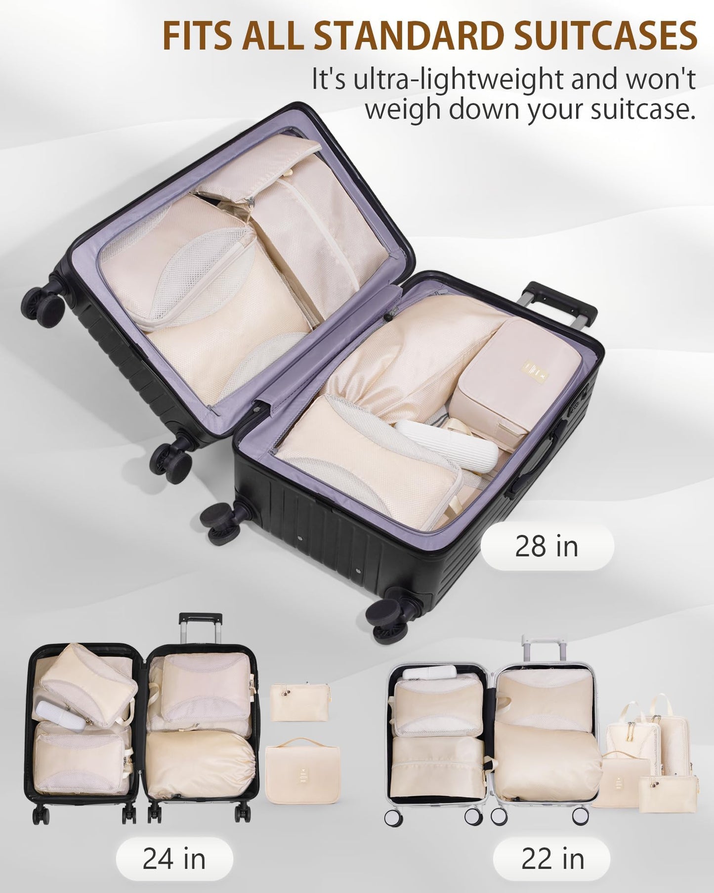 Compression Packing Cubes 10 Sets, Packing Organizers, Extensible Suitcase Organiser Bags, Travel Organizer Cubes for Travel Essentials Beige