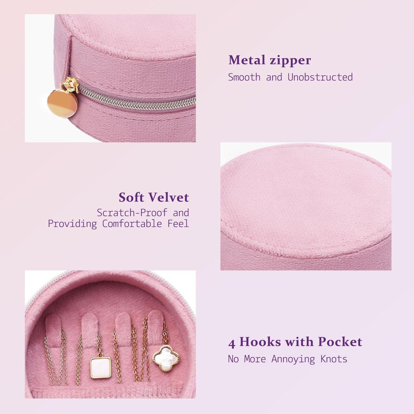 CONBOLA Travel Jewelry Case Small Jewelry Box for Women Girls,Round Velvet Mini Jewelry Travel Organizer,Portable Jewelry Box for Rings Earrings Necklaces Bracelets.(Pink,Small)